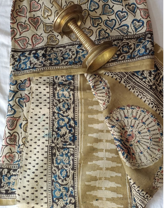 Beige Chennur Silk Block Print saree