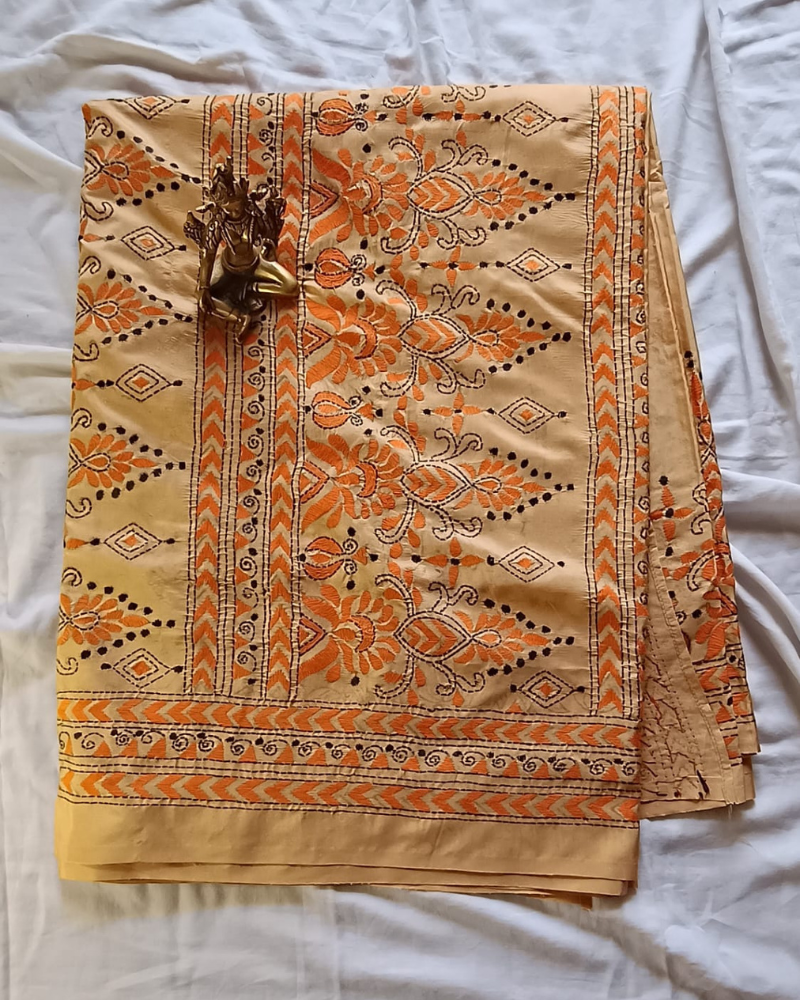 Beige with orange Kantha work saree