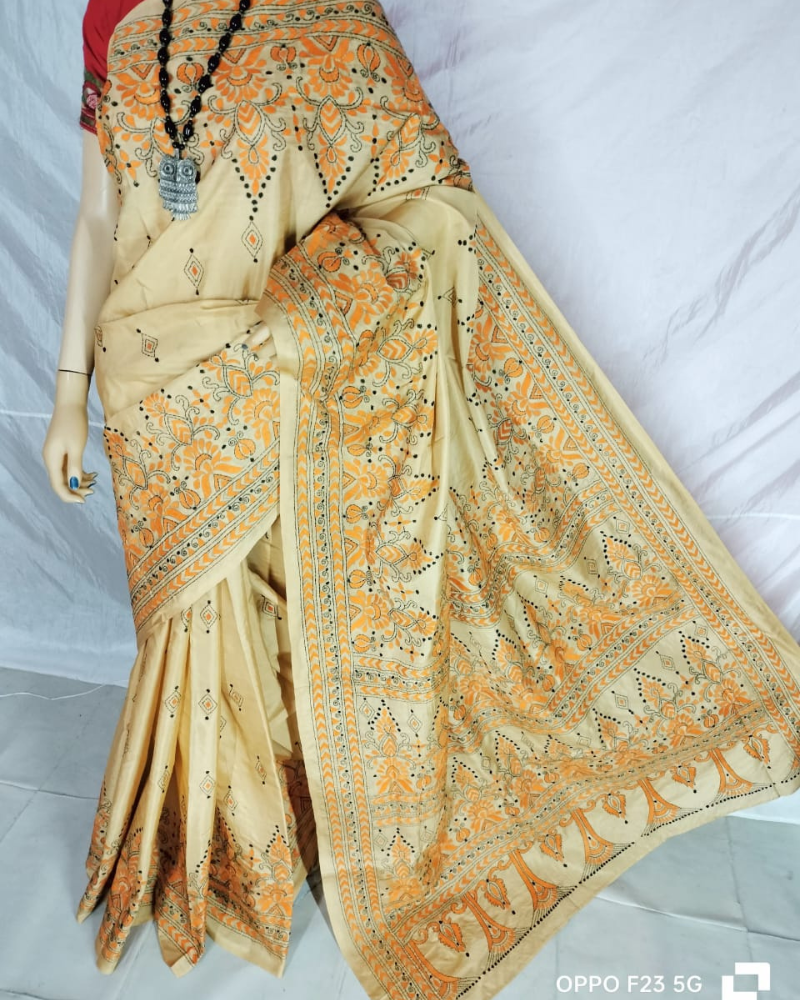 Beige with orange Kantha work saree