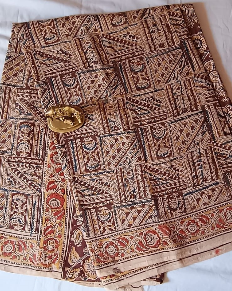 Brown Mul Cotton block print saree