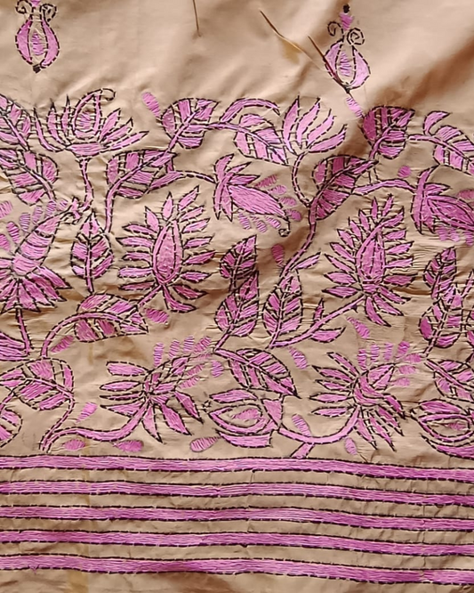 Beige Kantha work saree