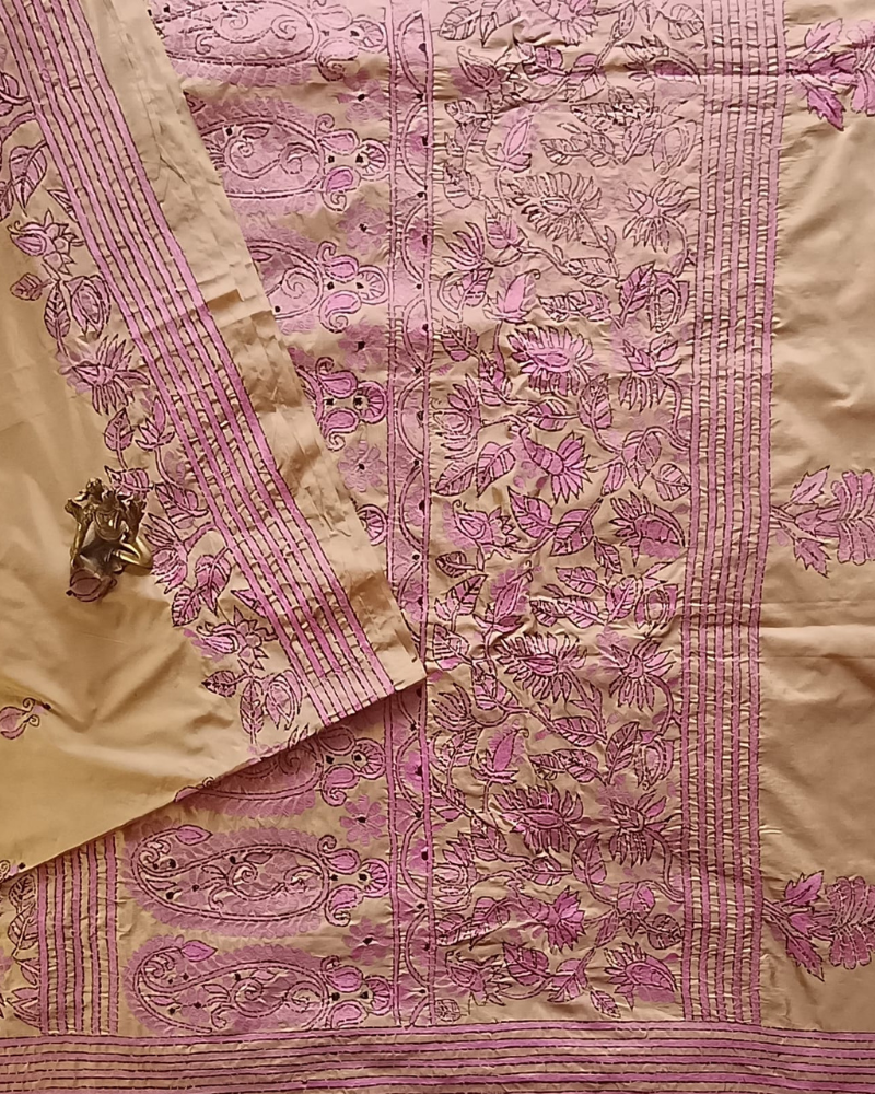 Beige Kantha work saree