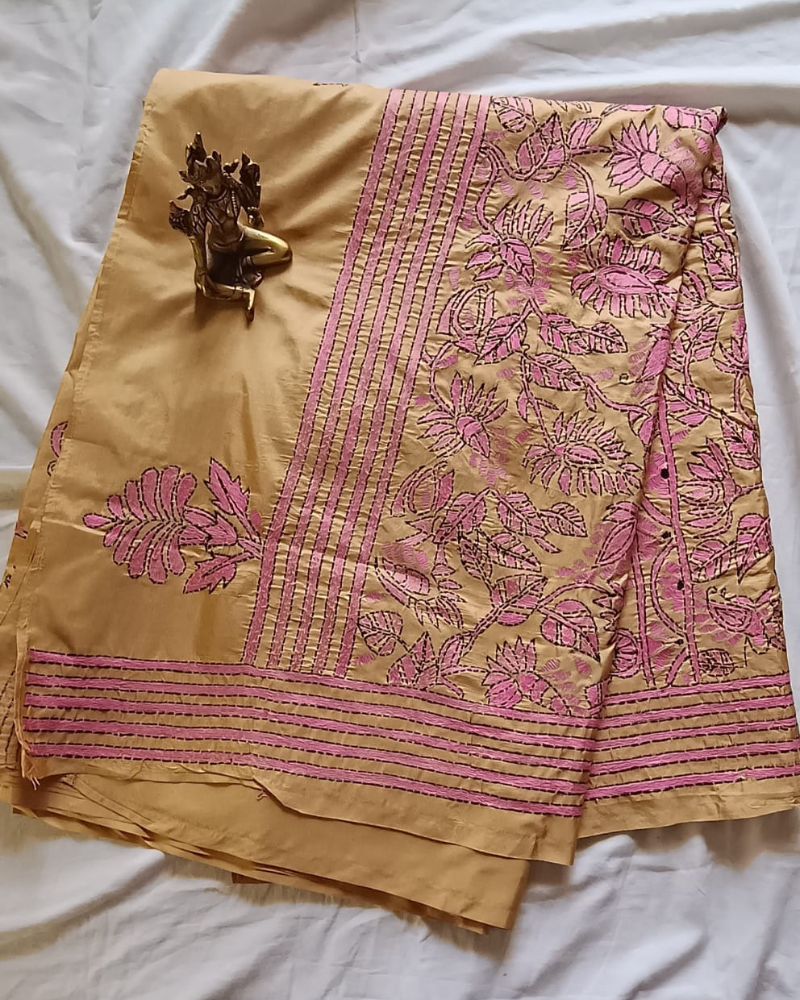 Beige Kantha work saree