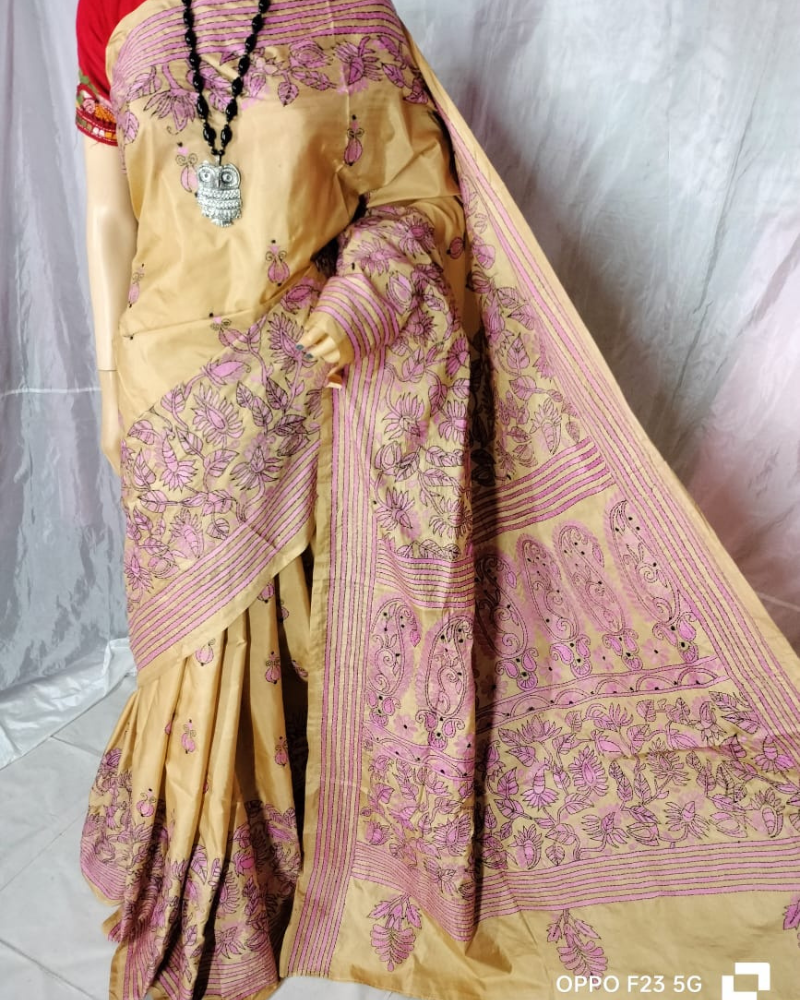 Beige Kantha work saree