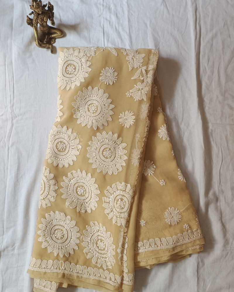 Beige Georgette Chikankari saree