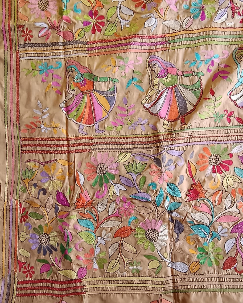 Beige Blended Silk Kantha work saree