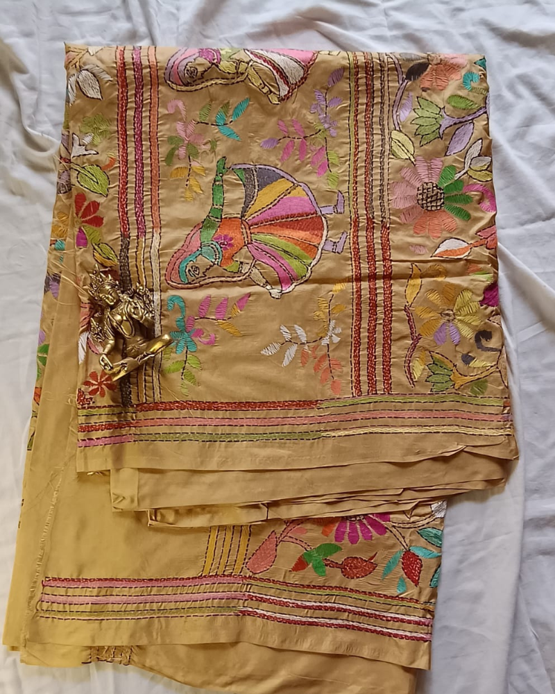 Beige Blended Silk Kantha work saree