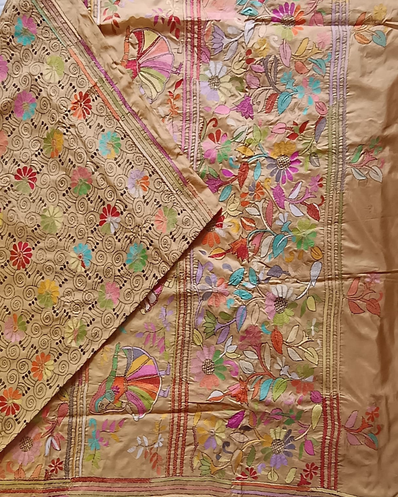 Beige Blended Silk Kantha work saree