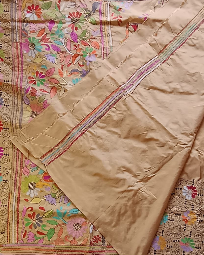 Beige Blended Silk Kantha work saree