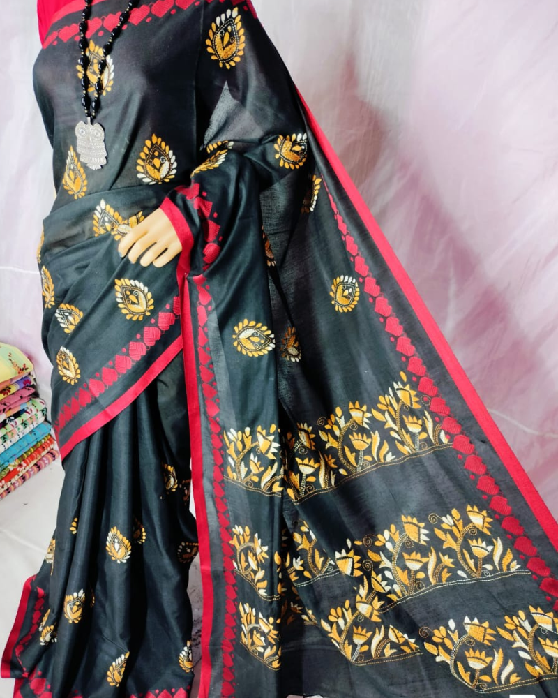 Black Khadi Cotton Kantha work Saree