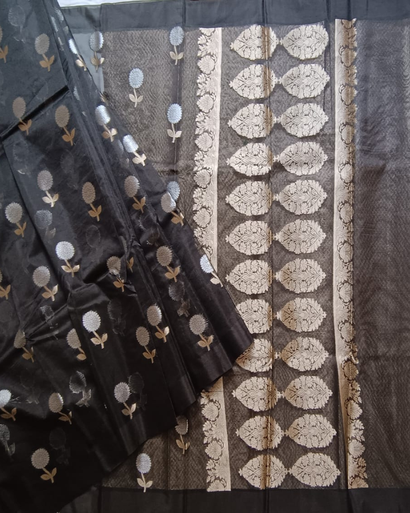 Black Banarasi Semi Kora Organza Saree