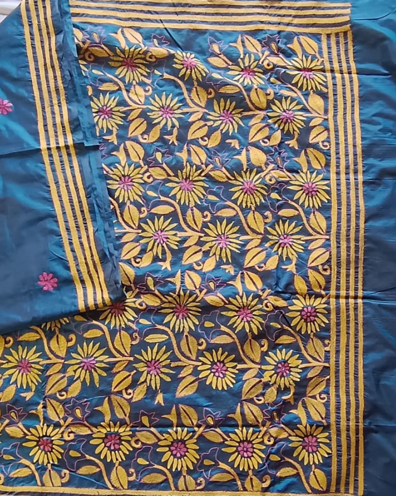 Blue Blended Silk Kantha work saree