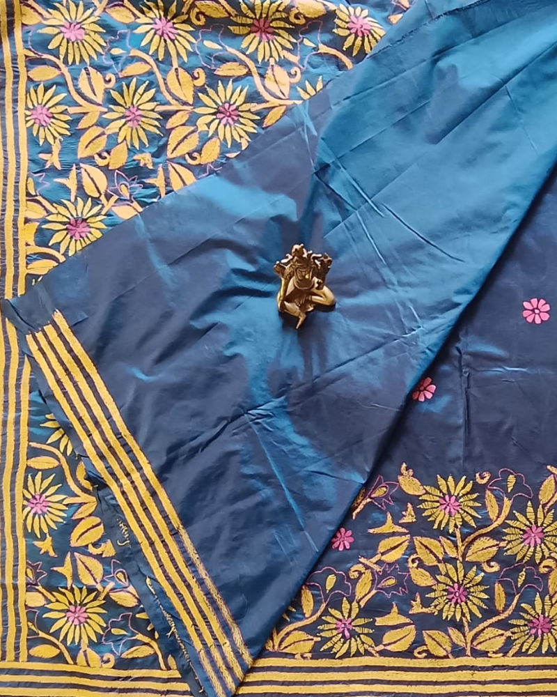 Blue Blended Silk Kantha work saree