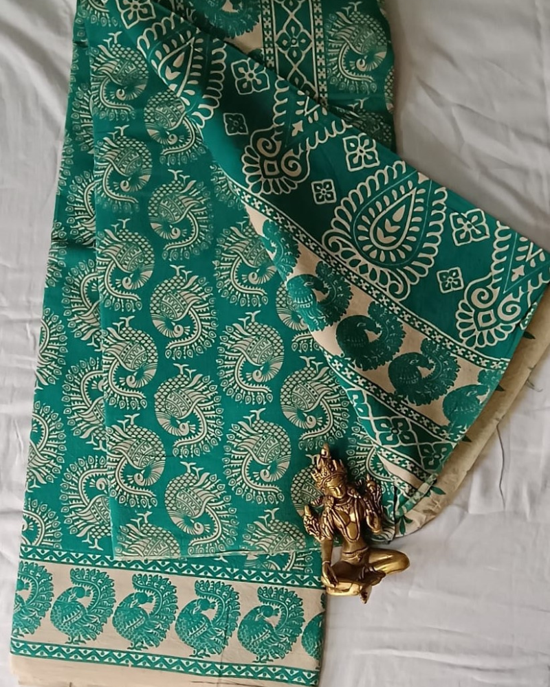 Blue Mangalgiri Cotton Block Print Saree