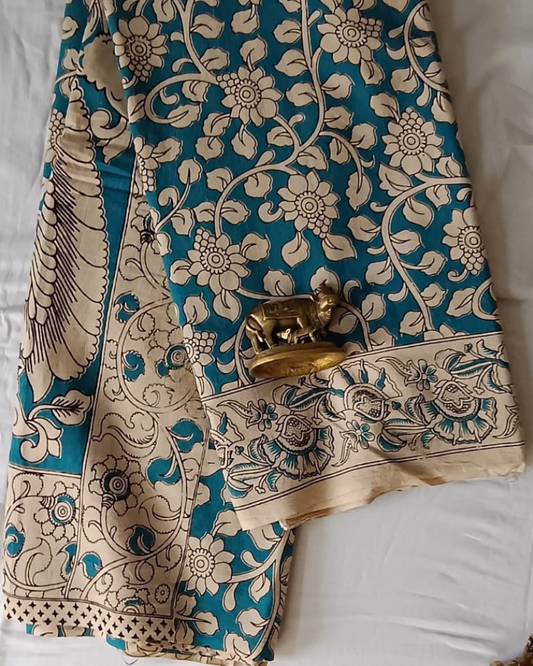 Blue Kalamkari block Mul Cotton Saree