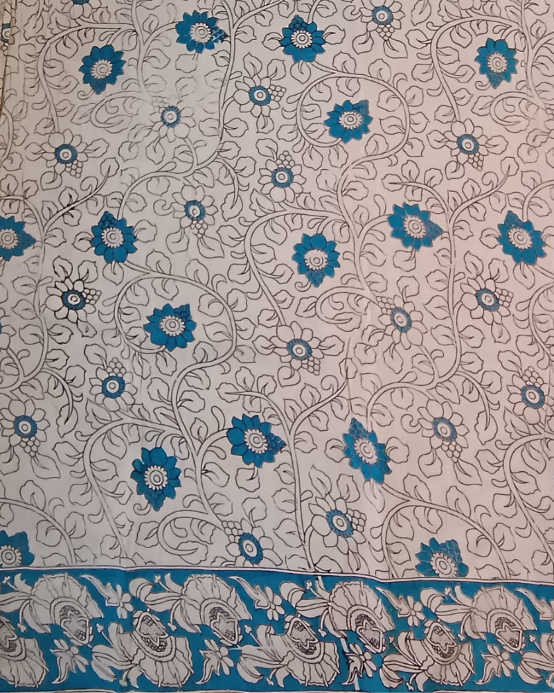 Blue Kalamkari block Mul Cotton Saree