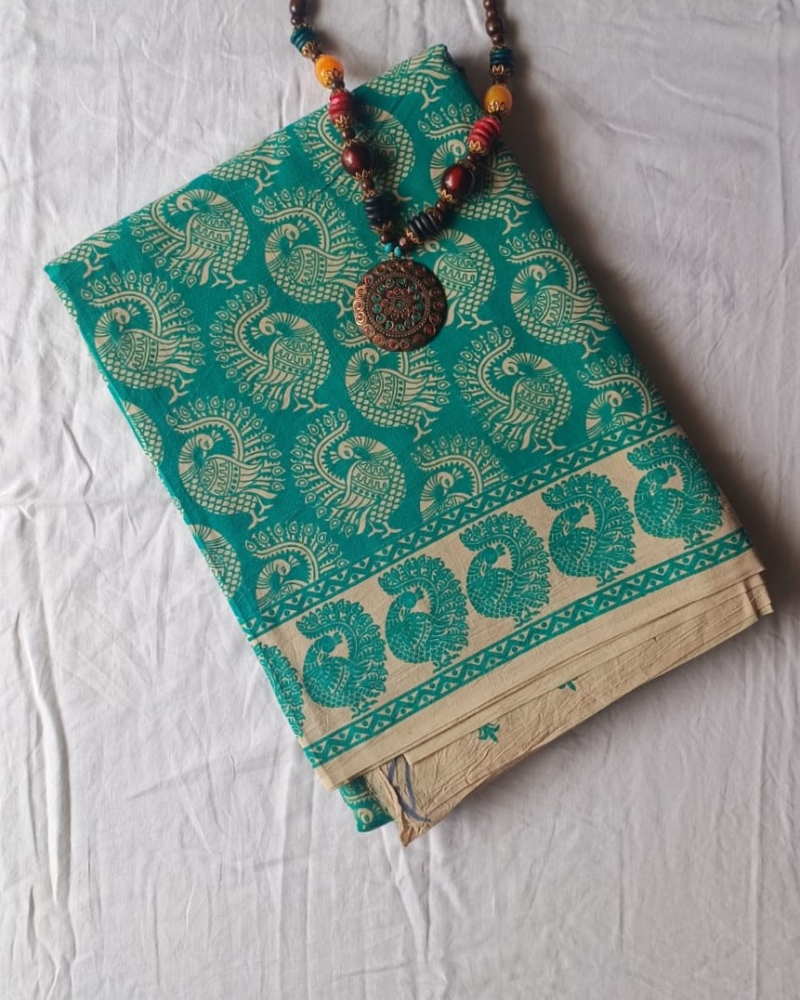 Blue Mangalgiri Cotton Block Print Saree