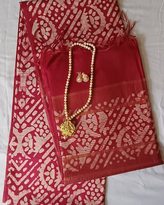 Burgundy Geecha silk - Batik Screen Print (handmade) saree