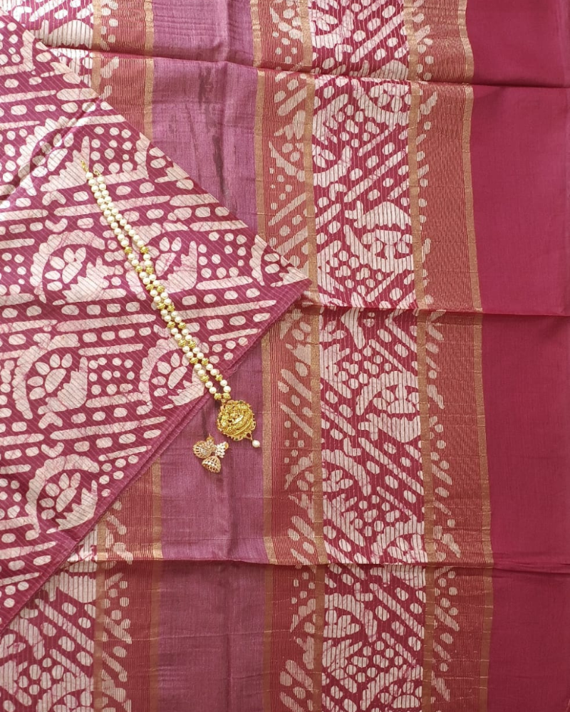 Burgundy Geecha silk - Batik Screen Print (handmade) saree