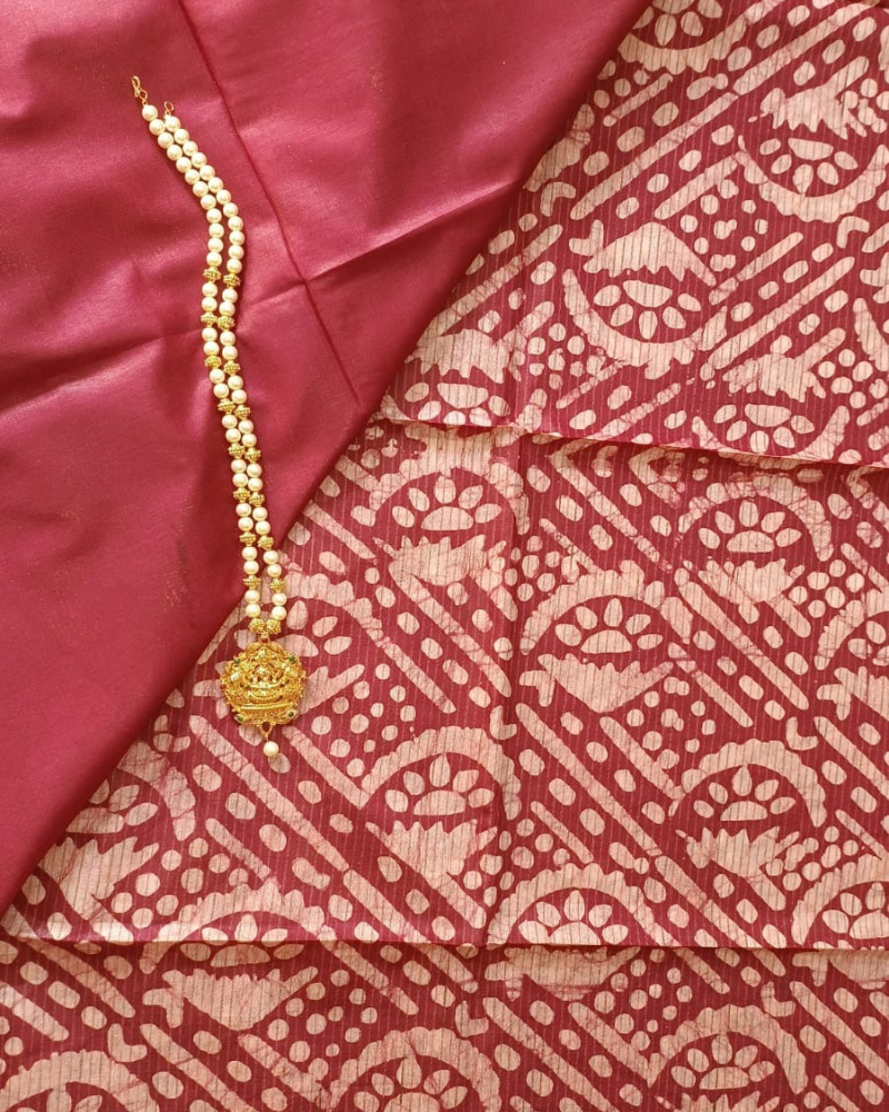 Burgundy Geecha silk - Batik Screen Print (handmade) saree