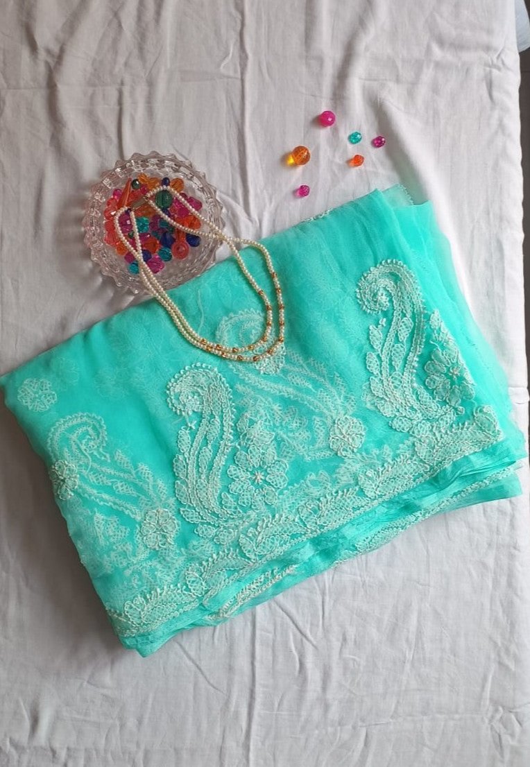 Cyan Georgette chikankari saree