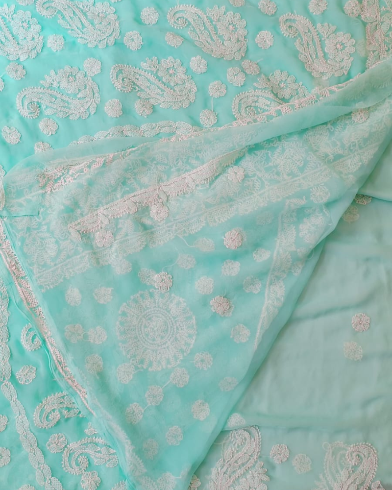 Cyan Georgette chikankari saree