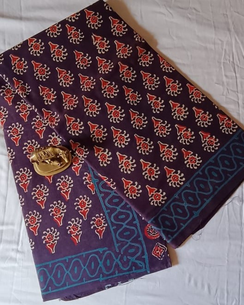 Dark Blue Handloom Cotton Hand block print Saree