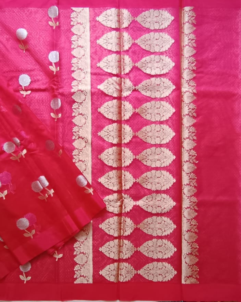 Deep Pink Banarasi Semi Kora Organza Saree