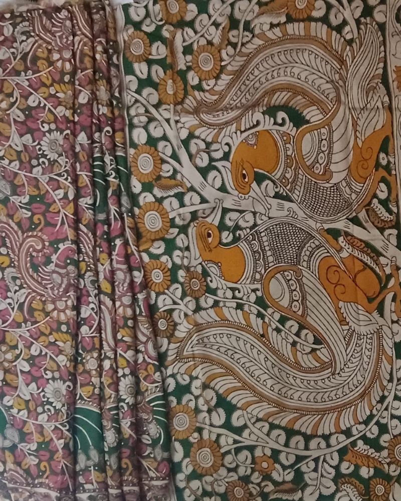 Green  Chennur silk with Kalamkari Block Print