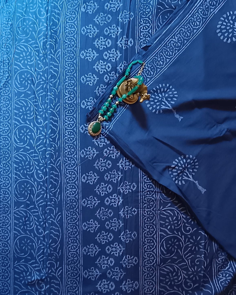 Indigo Handloom Cotton Handblock print Saree