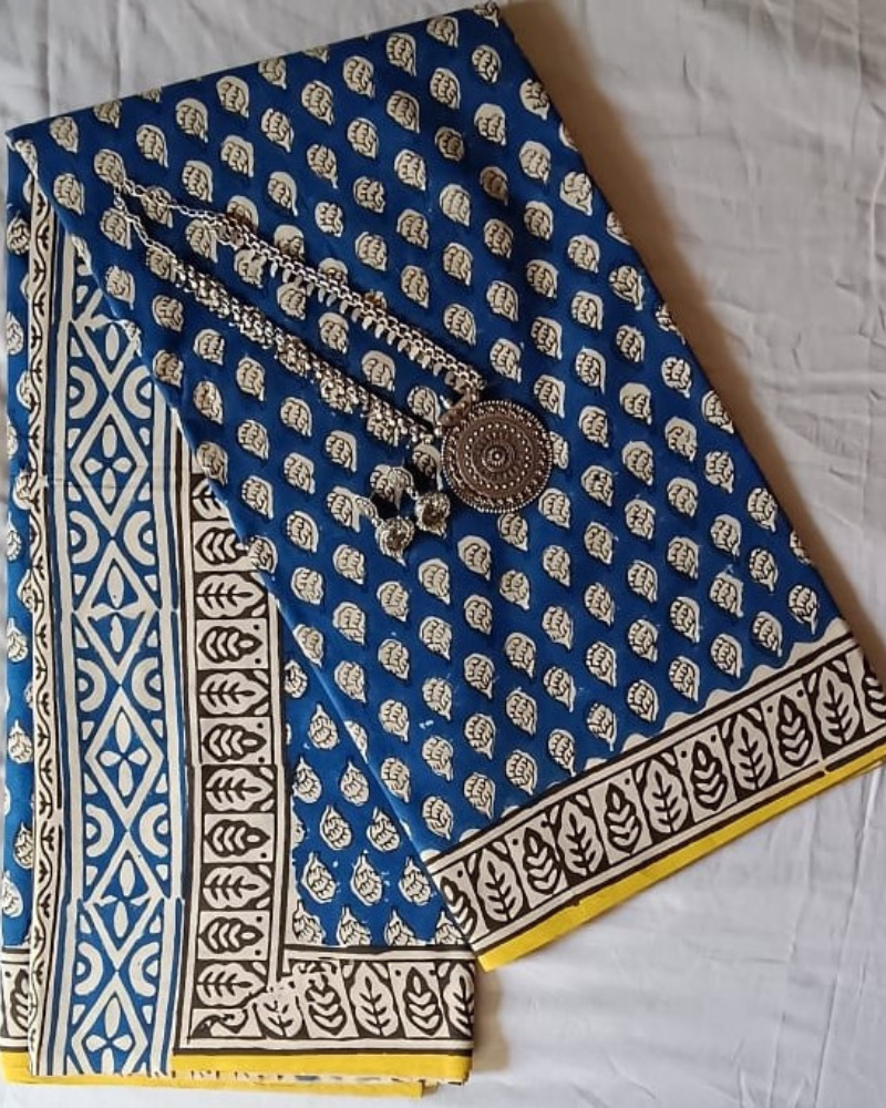 Blue Block Print Cotton Saree