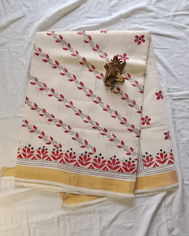 Kerala Cotton Kantha work Saree