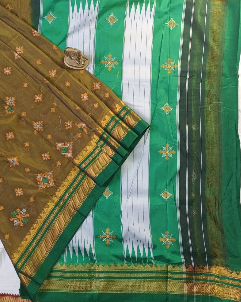 Mustard Green Sico Ilkal Kasuti work saree