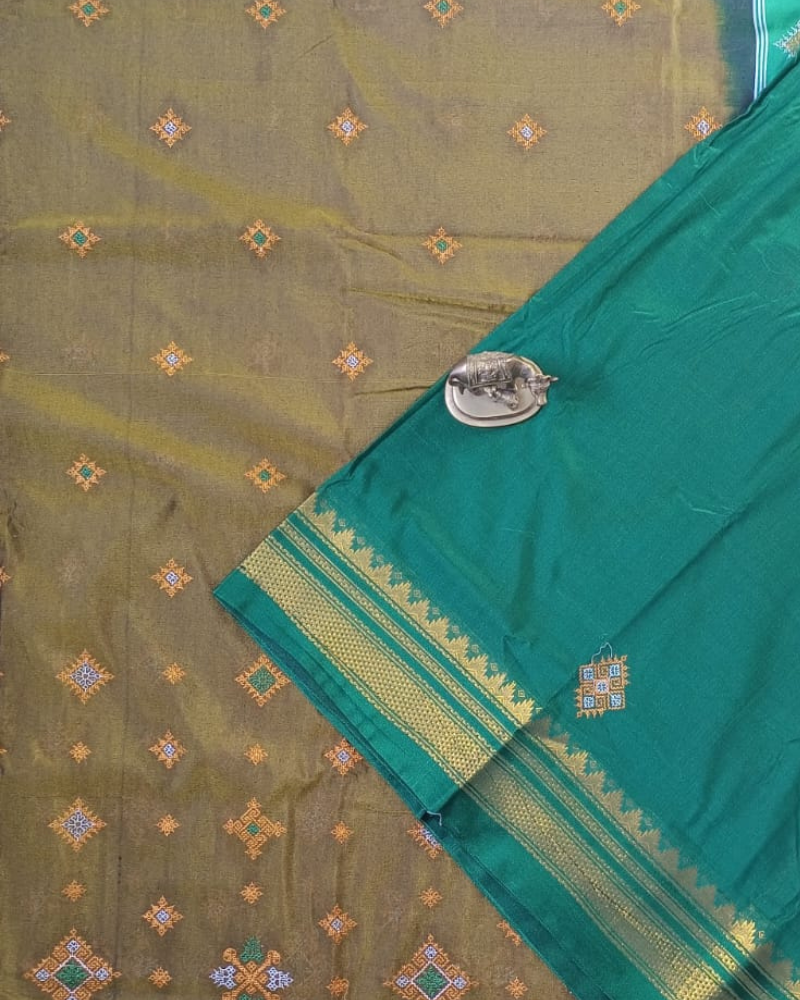 Mustard Green Sico Ilkal Kasuti work saree