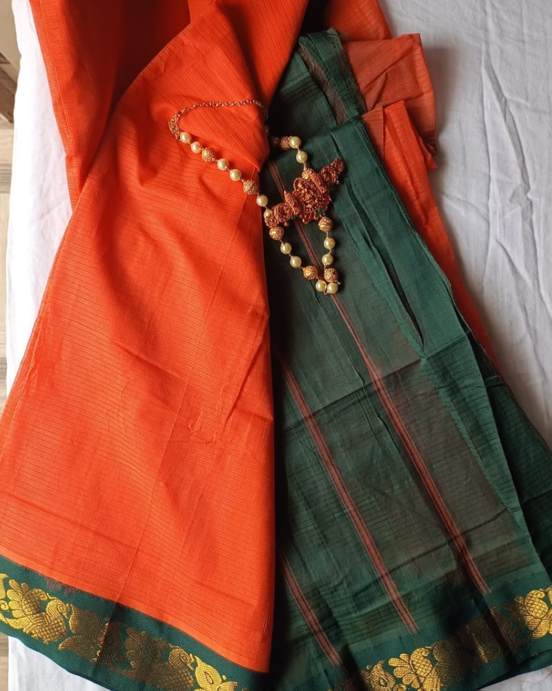 Orange Gadwal Handloom Cotton Saree