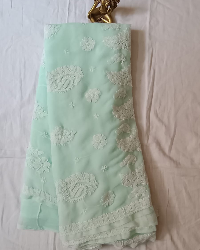 Turquoise Blue Georgette chikankari saree