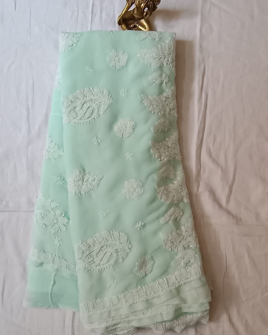 Turquoise Blue Georgette chikankari saree