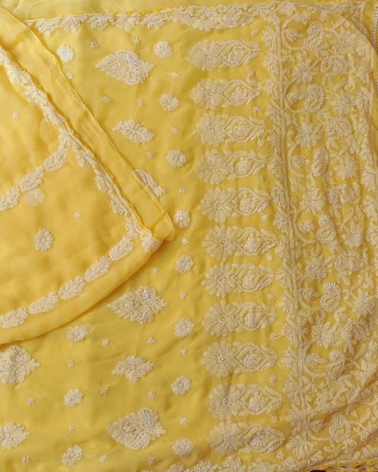 Yellow Georgette chikankari saree