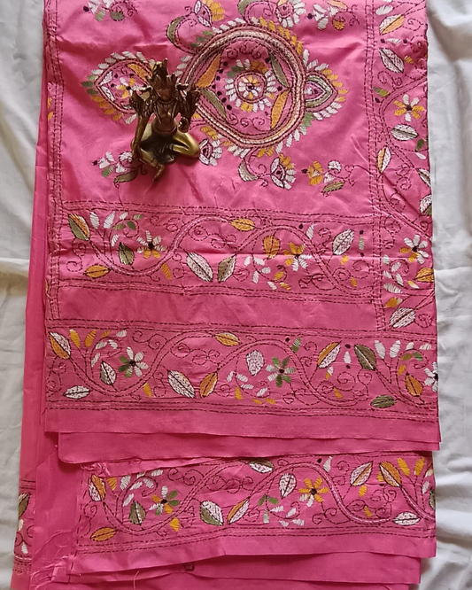 Pink Kantha work saree