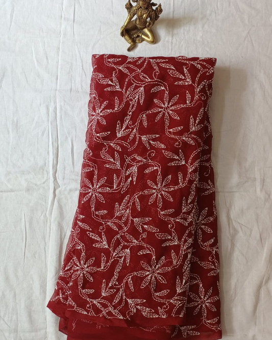 Red georgette Chikankari saree