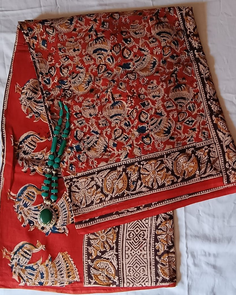 Red Kalamkari Mul Cotton Saree