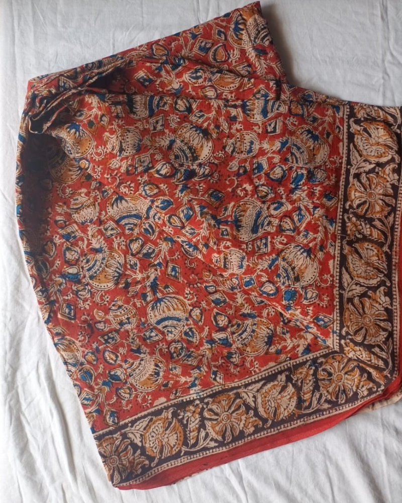 Red Kalamkari Mul Cotton Saree