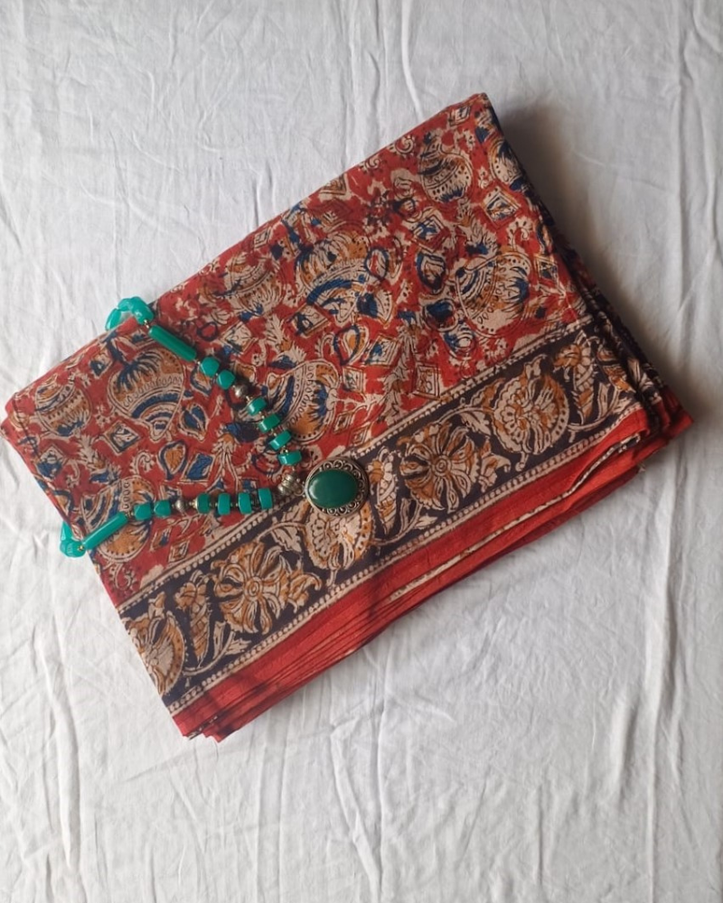 Red Kalamkari Mul Cotton Saree