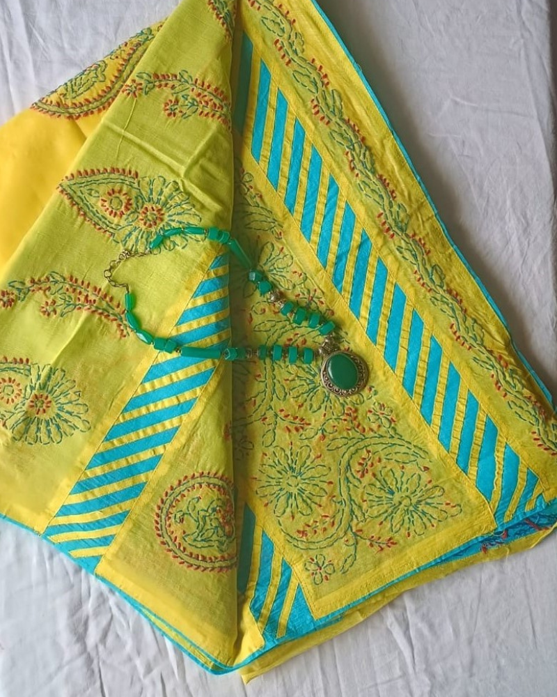 Yellow Cotton saree with blue aplique and Chikankari