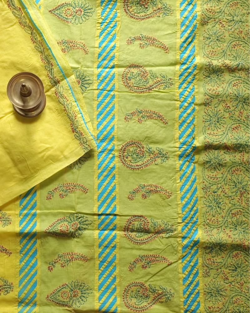 Yellow Cotton saree with blue aplique and Chikankari