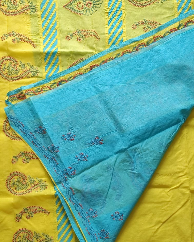 Yellow Cotton saree with blue aplique and Chikankari