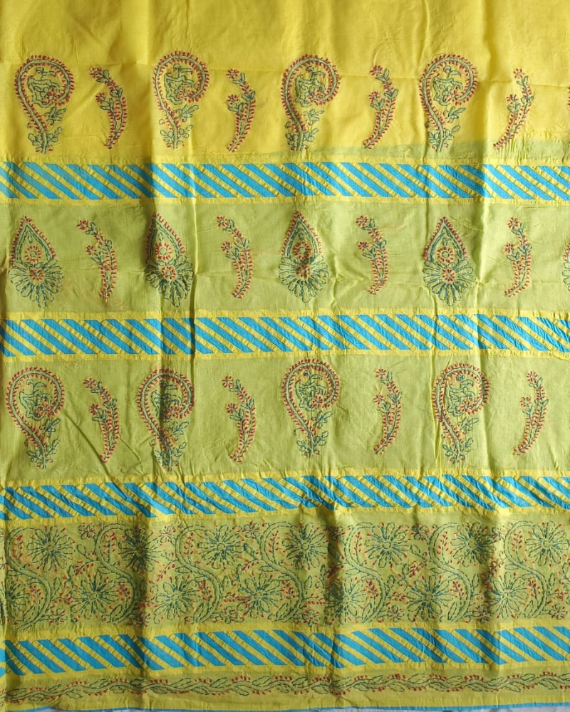 Yellow Cotton saree with blue aplique and Chikankari