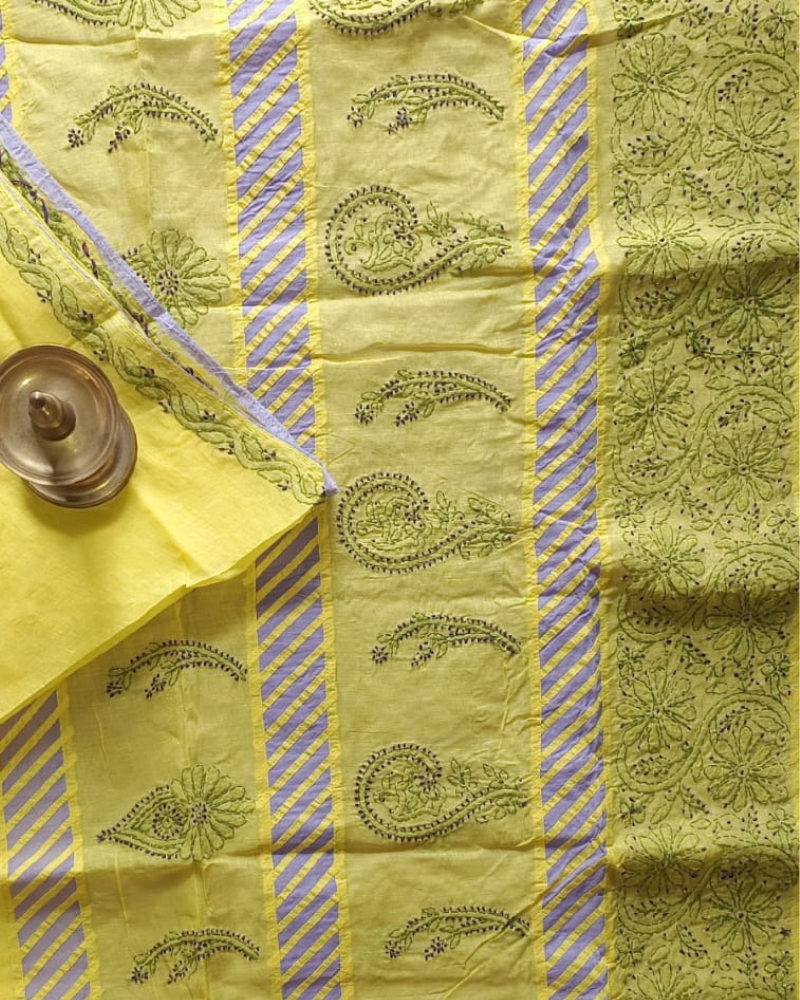 Yellow Cotton saree with Lavender aplique and Chikankari