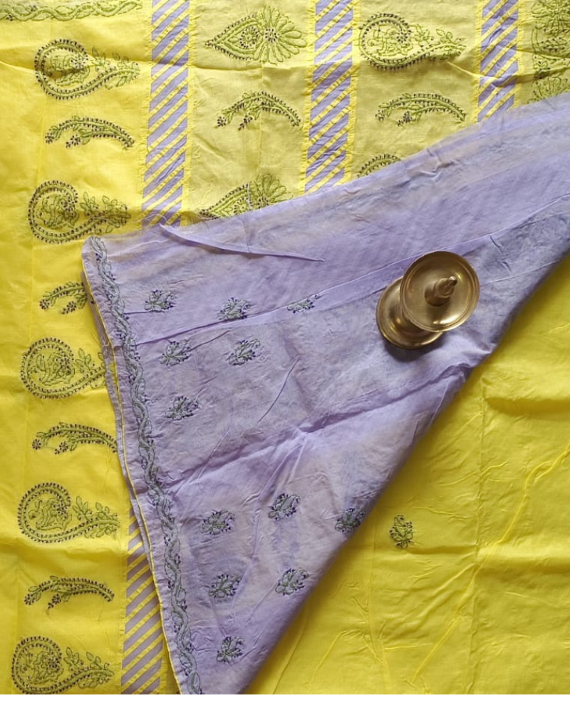 Yellow Cotton saree with Lavender aplique and Chikankari