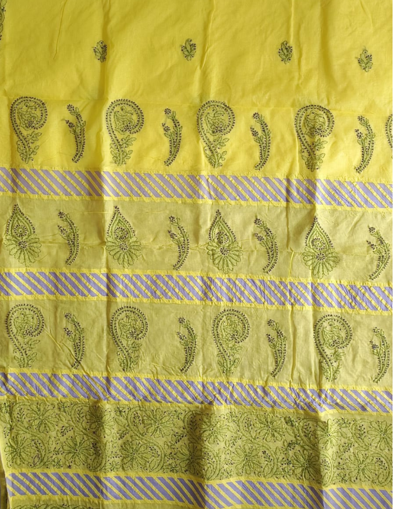 Yellow Cotton saree with Lavender aplique and Chikankari